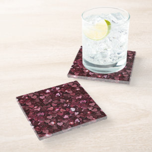 Burgundy Red Pink Glitter Hearts Glass Coaster