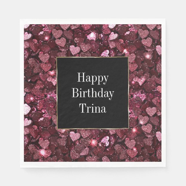 Burgundy Red Pink Glitter Hearts Napkin (Front)