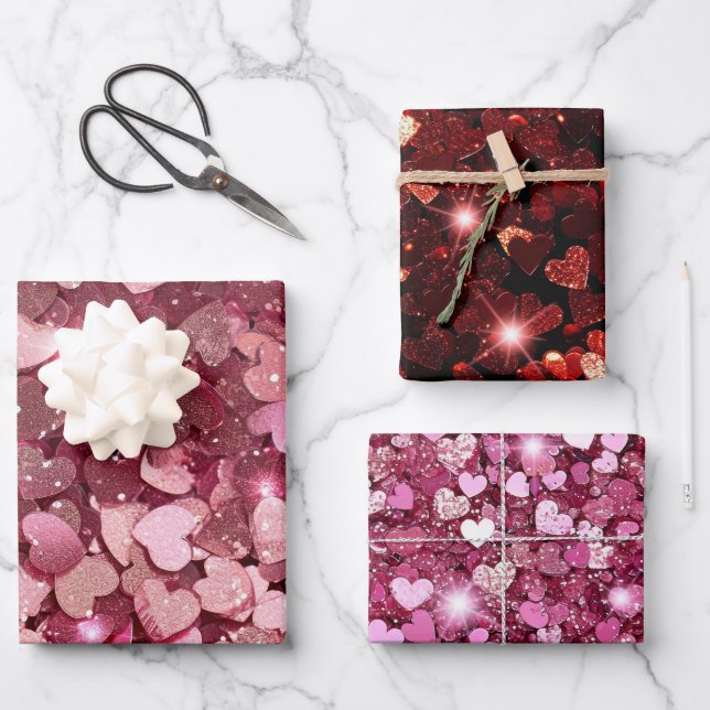 Burgundy Red Pink Glitter Hearts Wrapping Paper Sheet (Front)