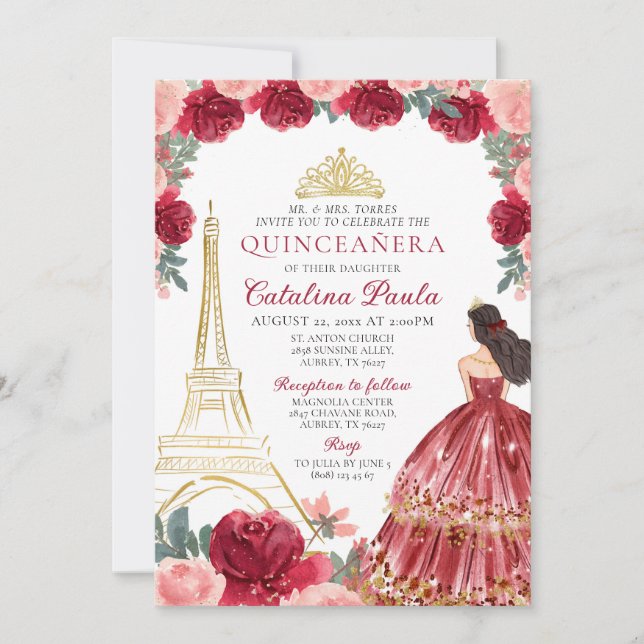 Burgundy Red Pink Gold Tiara Paris Quinceañera Invitation (Front)