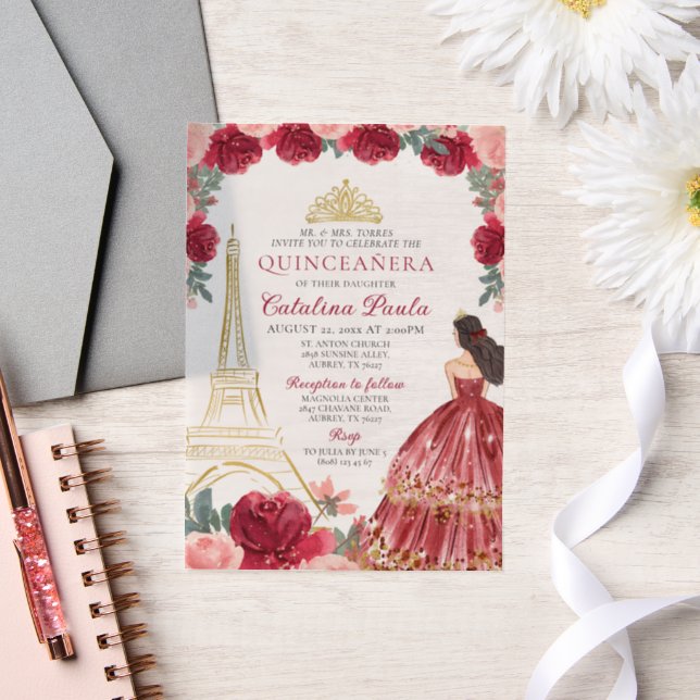 Burgundy Red Pink Gold Tiara Paris Quinceañera Vellum Invitations (Wedding)