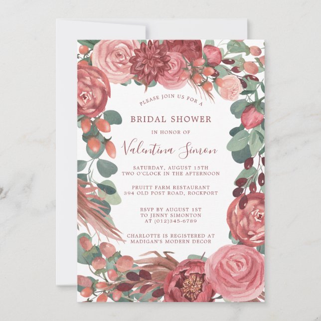 Burgundy Red Pink Peony Rose Floral Bridal Invitat Invitation (Front)