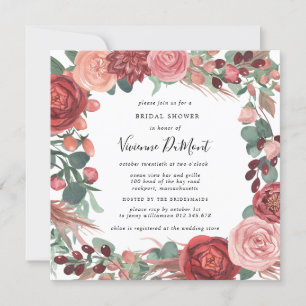 Burgundy Red Pink Peony Rose Floral Bridal Invitation