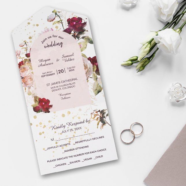 Burgundy Red Pink Rose Floral Photo All In One Invitation (Creator Uploaded)