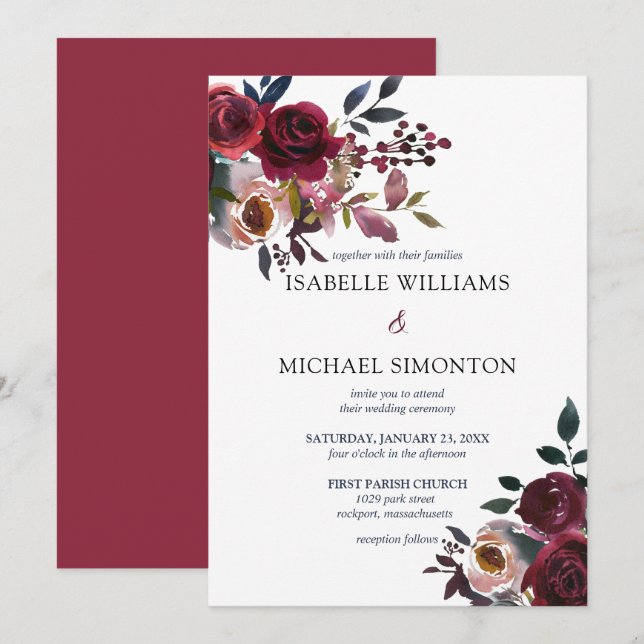 Burgundy Red Pink Rose Floral Wedding Invitation (Front/Back)