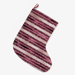 Burgundy Red Pink Rose Gold Glitter Stripes Large Christmas Stocking