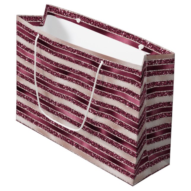 Burgundy Red Pink Rose Gold Glitter Stripes    Large Gift Bag (Front Angled)