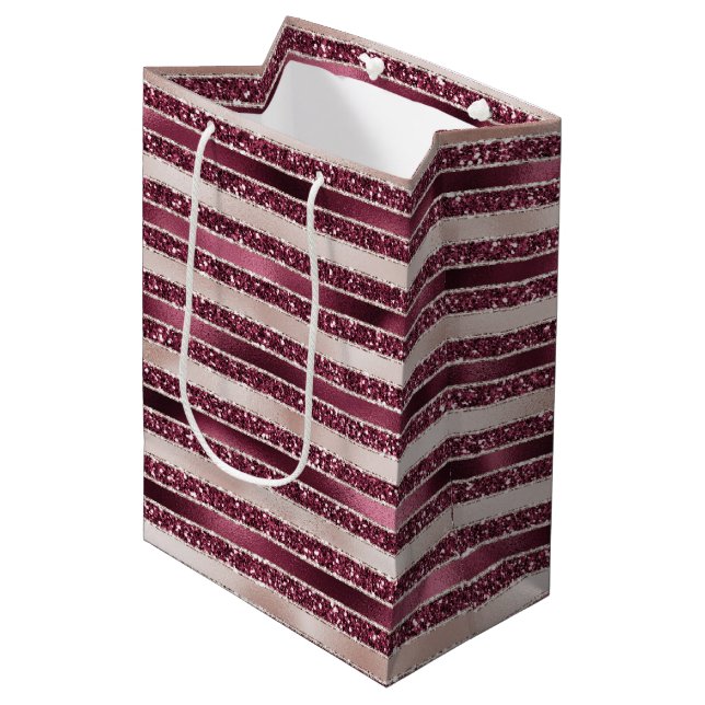 Burgundy Red Pink Rose Gold Glitter Stripes  Medium Gift Bag (Front Angled)