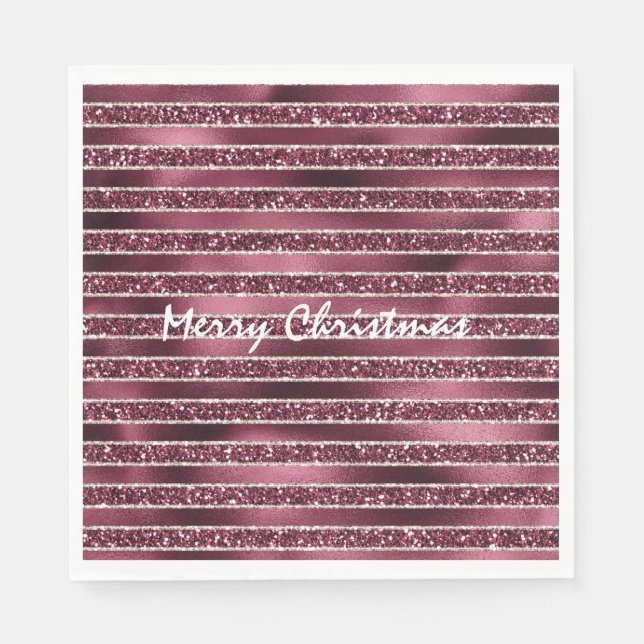 Burgundy Red Pink Rose Gold Glitter Stripes       Napkin (Front)