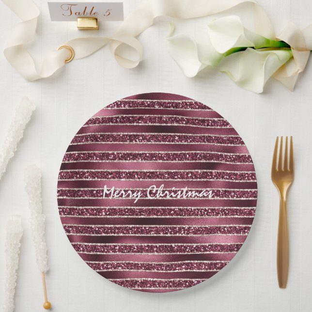 Burgundy Red Pink Rose Gold Glitter Stripes      Paper Plate (Wedding)