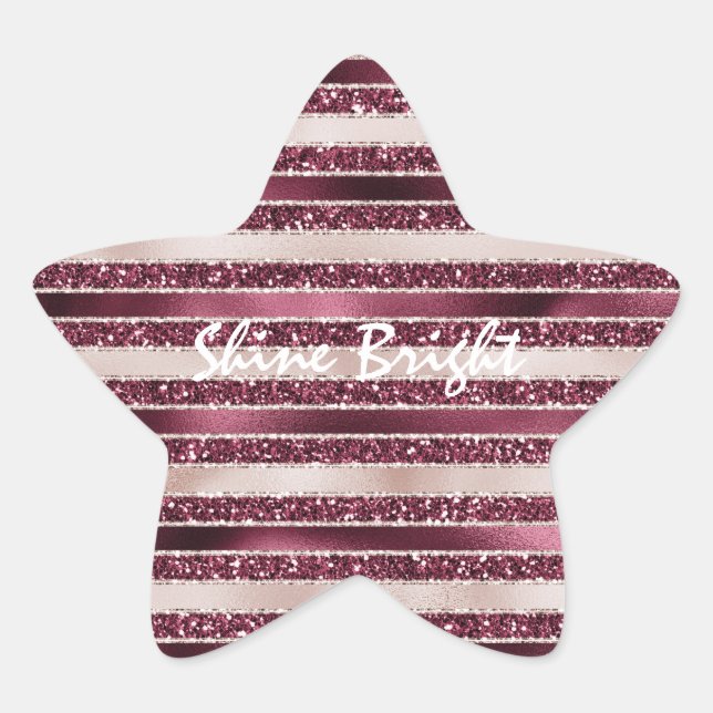 Burgundy Red Pink Rose Gold Glitter Stripes    Star Sticker (Front)
