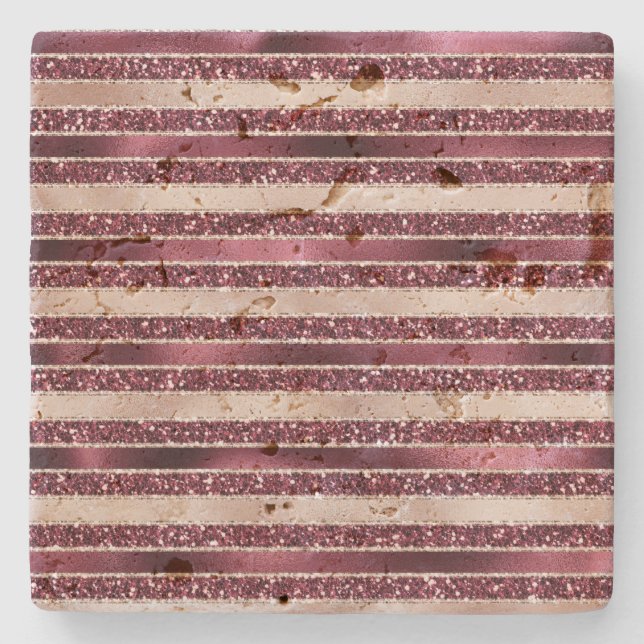 Burgundy Red Pink Rose Gold Glitter Stripes        Stone Coaster (Front)