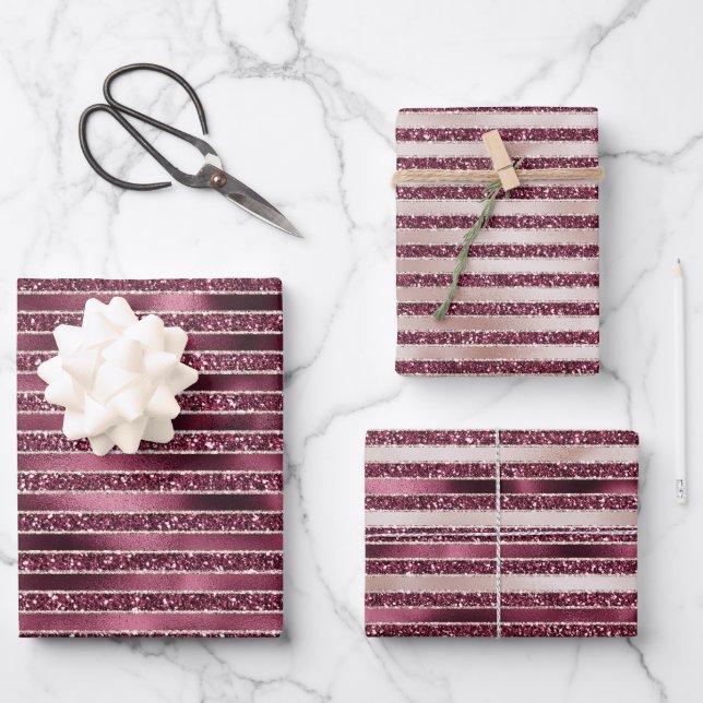 Burgundy Red Pink Rose Gold Glitter Stripes Wrapping Paper Sheet (Front)