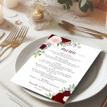 Burgundy Red & Pink Rustic Floral Elegant Wedding Menu<br><div class="desc">This beautiful wedding menu features a rustic boho chic floral design with script calligraphy lettering and hand painted watercolor roses in shades of blush pink, red and burgundy. The text is completely customisable with space for the couple's name & wedding date. Elegant, stylish, and chic, this card is a great...</div>