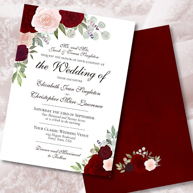 Burgundy Red Pink Watercolor Roses Formal Wedding Invitation (Creator Uploaded)