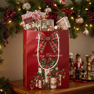 Burgundy Red Plaid Bow Christmas Medium Gift Bag