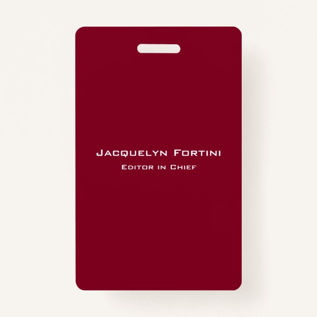 Burgundy Red Plain Elegant Modern Minimalist ID Badge (Front)