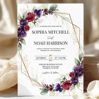 Burgundy Red Plum Purple Gold Geometric Wedding Invitation