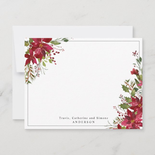 Burgundy Red Poinsettia Floral Christmas Holiday Card (Front)