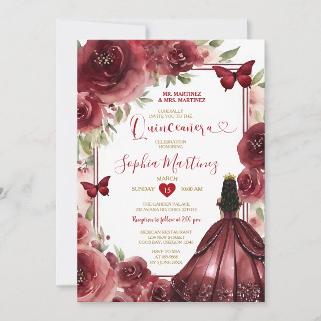 Burgundy Red Princess Dress Flowers Quinceañera Invitation (Front)