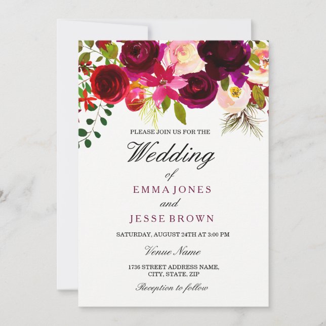 Burgundy Red Purple Floral Boho Wedding Invitation (Front)