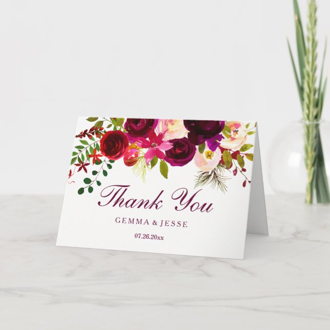 Burgundy Red Purple Floral Boho Wedding Thank You (Front)