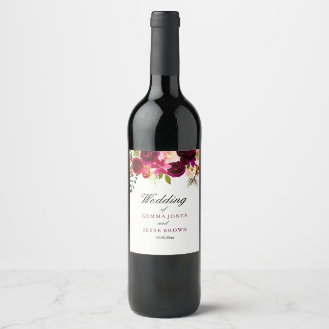 Burgundy Red Purple Floral Boho Wedding Wine Label (Front)