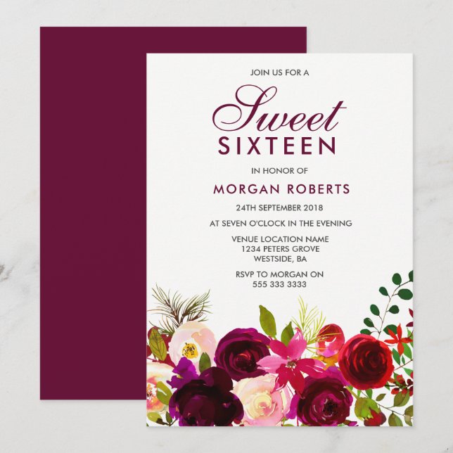 Burgundy Red Purple Flowers Floral Sweet 16 Invite (Front/Back)