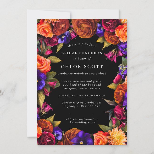 Burgundy Red Purple Orange Floral Bridal Luncheon Invitation (Front)