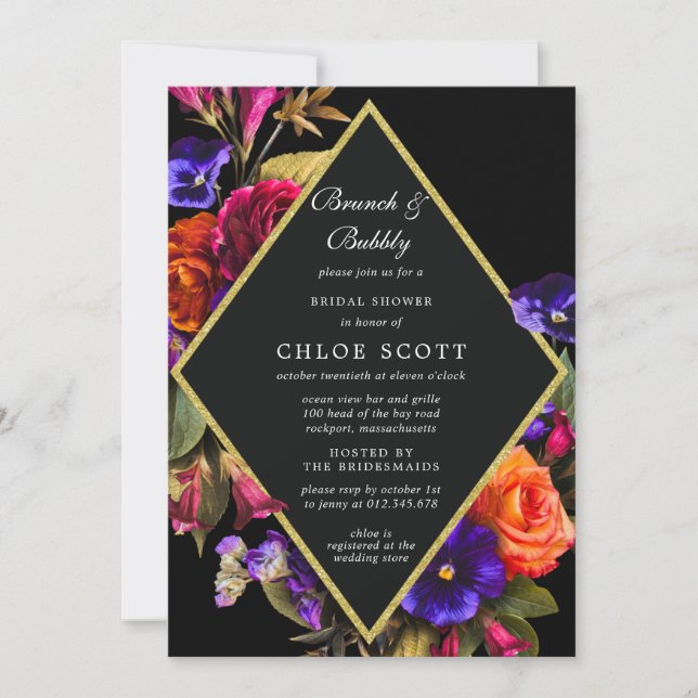 Burgundy Red Purple Orange Floral Brunch Bubbly Invitation (Front)