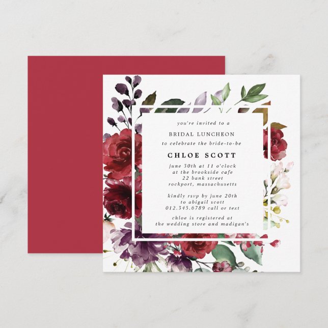 Burgundy Red Purple Rose Floral Bridal Luncheon Invitation (Front/Back)