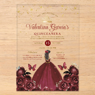 Burgundy Red Quinceañera 15 Anos Flowers Gold Acrylic Invitations