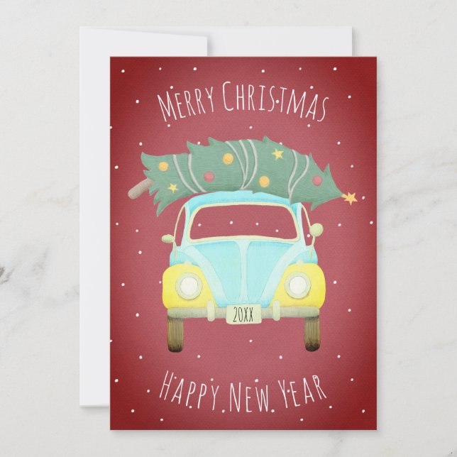 Burgundy Red Retro Car Christmas Tree Custom Year Holiday Card (Front)