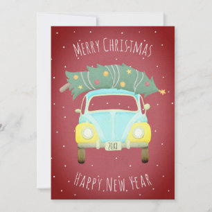 Burgundy Red Retro Car Christmas Tree Custom Year Holiday Card