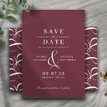 Burgundy Red | Romantic Maroon Vintage Typography Save The Date<br><div class="desc">Formal,  vintage-inspired wedding save-the-date cards with a calligraphy ampersand. White text on a contrasting dark red background. The reverse side features a unique ampersand pattern that can be removed if desired; for a more minimalist-aesthetic,  --by using the design tool.</div>
