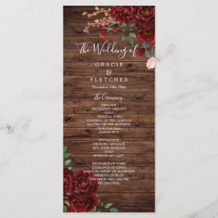 Burgundy Red Romantic Roses Rustic Wood Wedding Programme