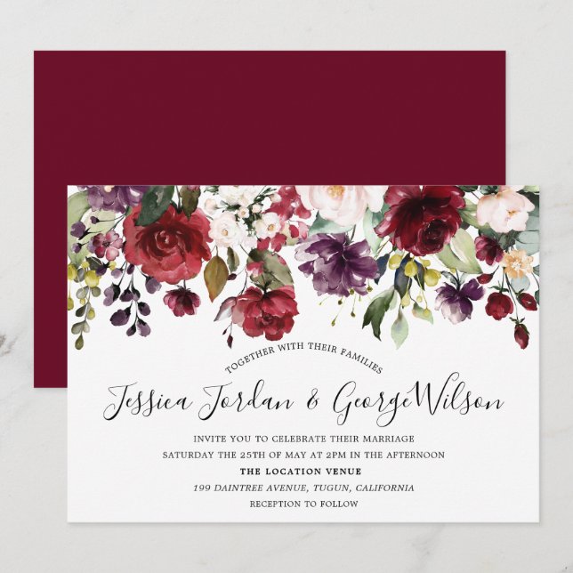 Burgundy Red Romantic Watercolor Flowers Wedding Invitation (Front/Back)