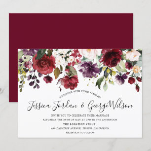Burgundy Red Romantic Watercolor Flowers Wedding Invitation