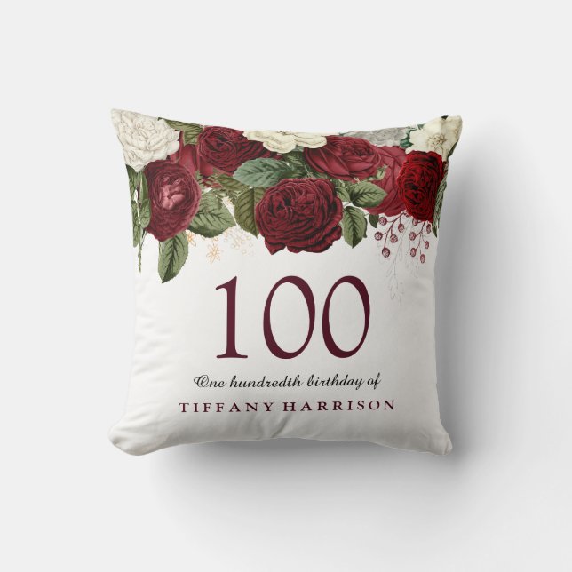 Burgundy Red Rose 100th Birthday Gift Cushion (Front)