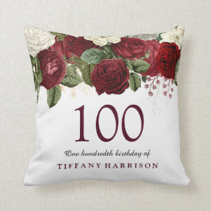 Burgundy Red Rose 100th Birthday Gift Cushion