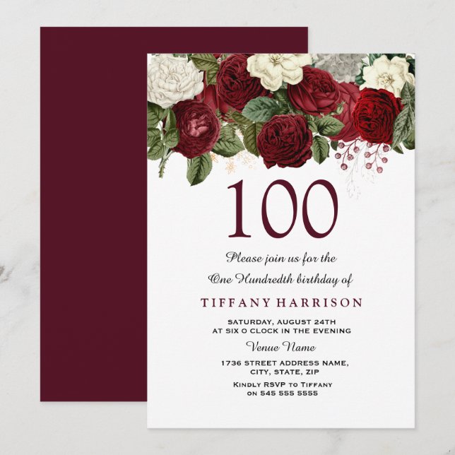 Burgundy Red Rose 100th Birthday Party Invite (Front/Back)