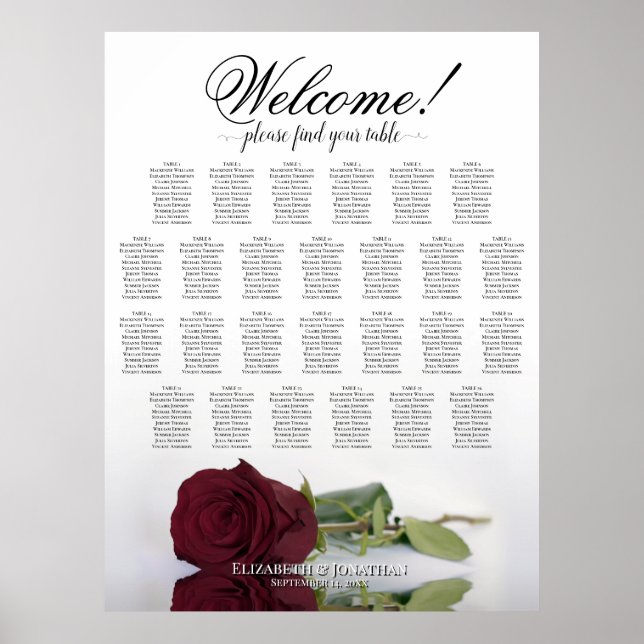 Burgundy Red Rose 26 Table Wedding Seating Chart (Front)
