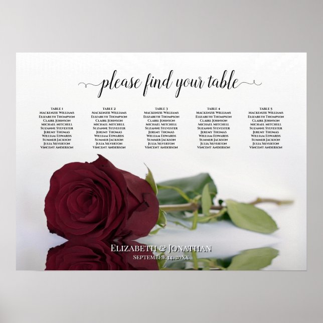 Burgundy Red Rose 5 Table Wedding Seating Chart (Front)