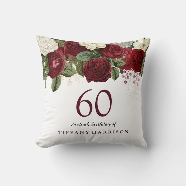 Burgundy Red Rose 60th Birthday Gift Cushion (Front)