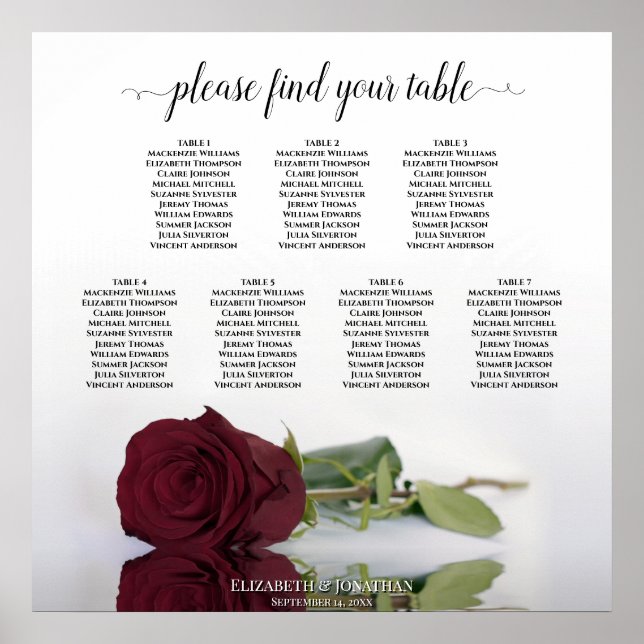 Burgundy Red Rose 7 Table Wedding Seating Chart (Front)