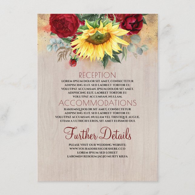 Burgundy Red Rose and Sunflower Wedding Details Enclosure Card (Front)