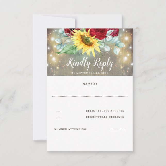 Burgundy Red Rose and Sunflowers Fall Wedding RSVP (Front)