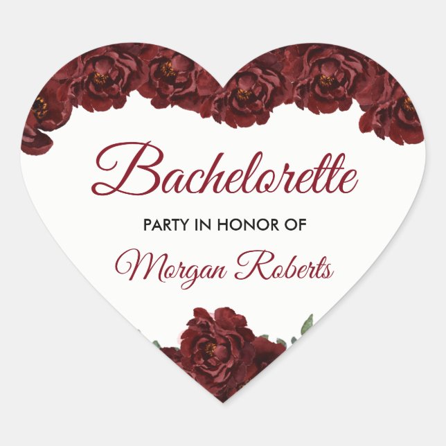 Burgundy Red Rose Bachelorette Party Heart Sticker (Front)