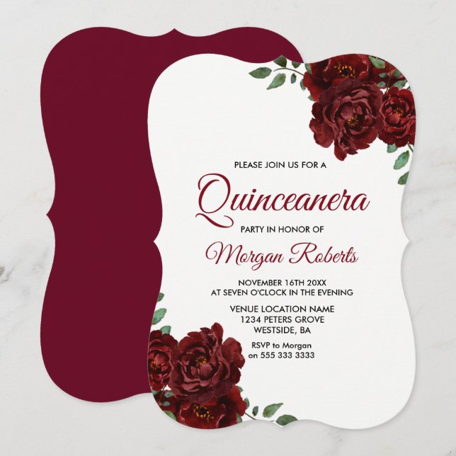 Burgundy Red Rose Beautiful Quinceanera Invite (Front/Back)
