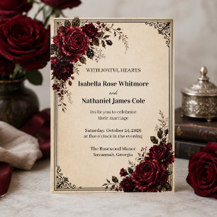 Burgundy Red Rose Black Vintage Wedding Invitation
